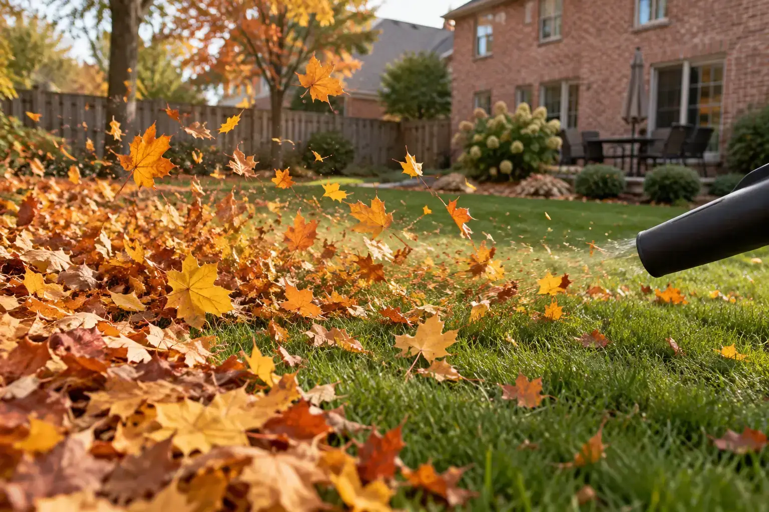 Autumn leaves being blown across a suburban lawn in Carmel, IN