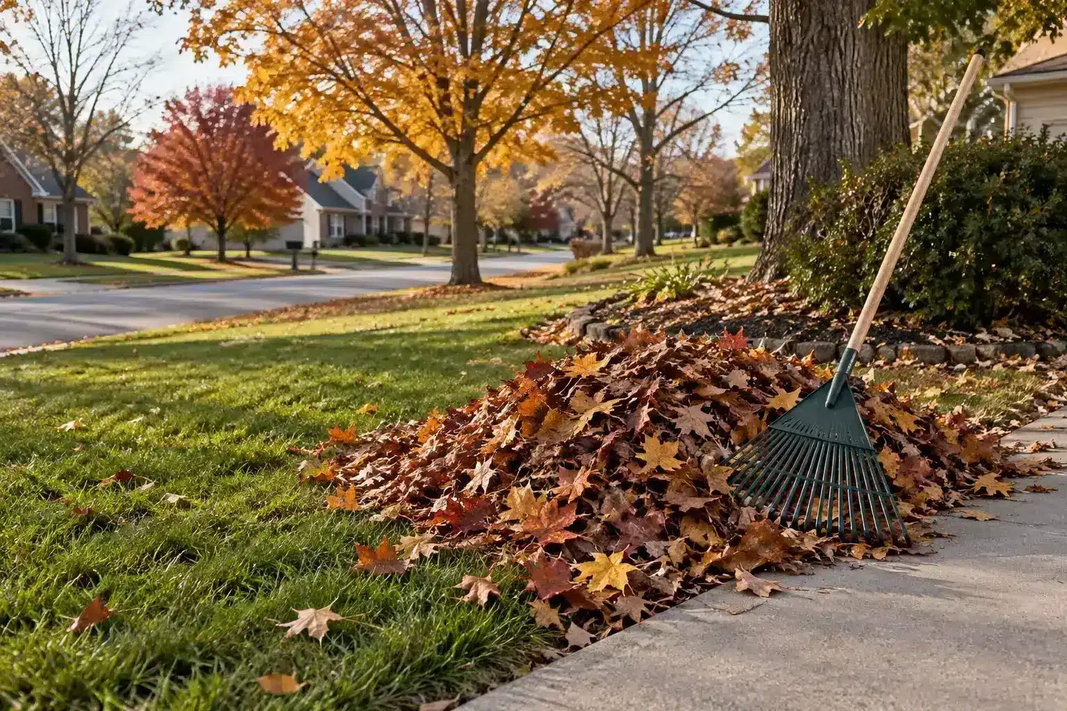 Raked leaves piled along a lawn edge in Carmel, IN