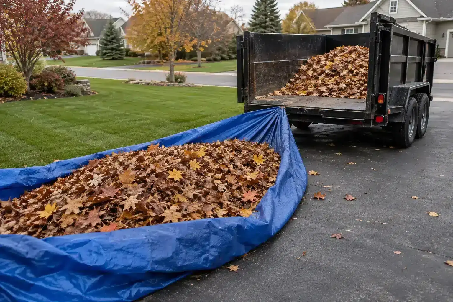 Tarp of leaves loaded onto a trailer, serving Broad Ripple, IN
