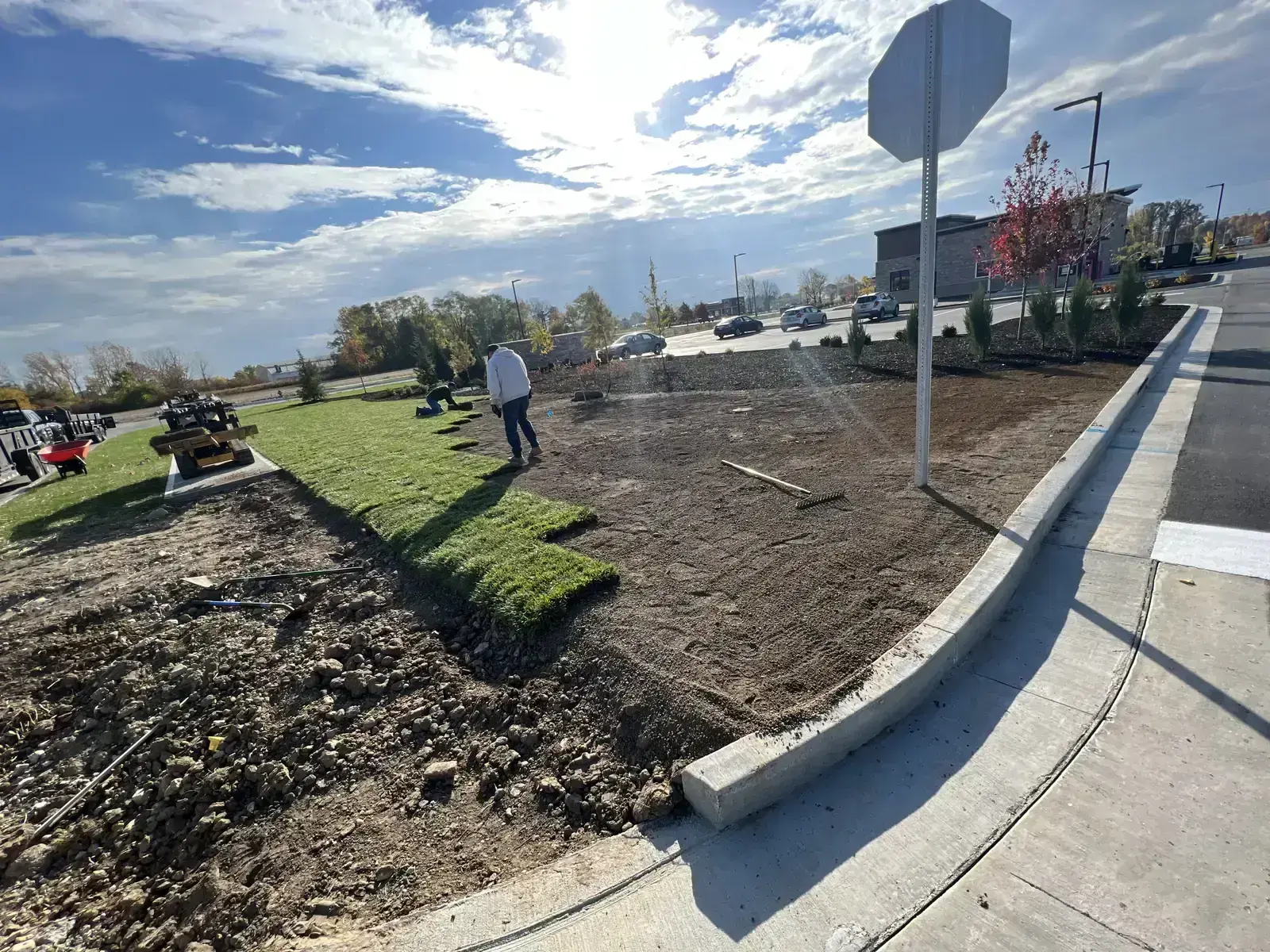 Sod installation along a commercial street in Carmel, IN